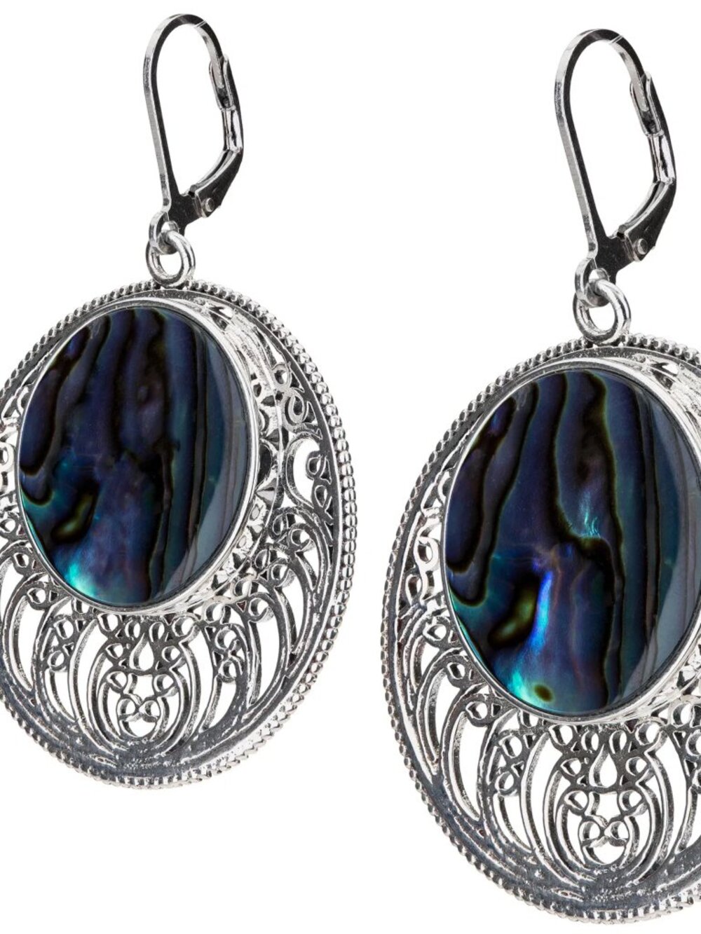 Abalone Filigree Drop Earrings Sterling Silver Leverback Statement